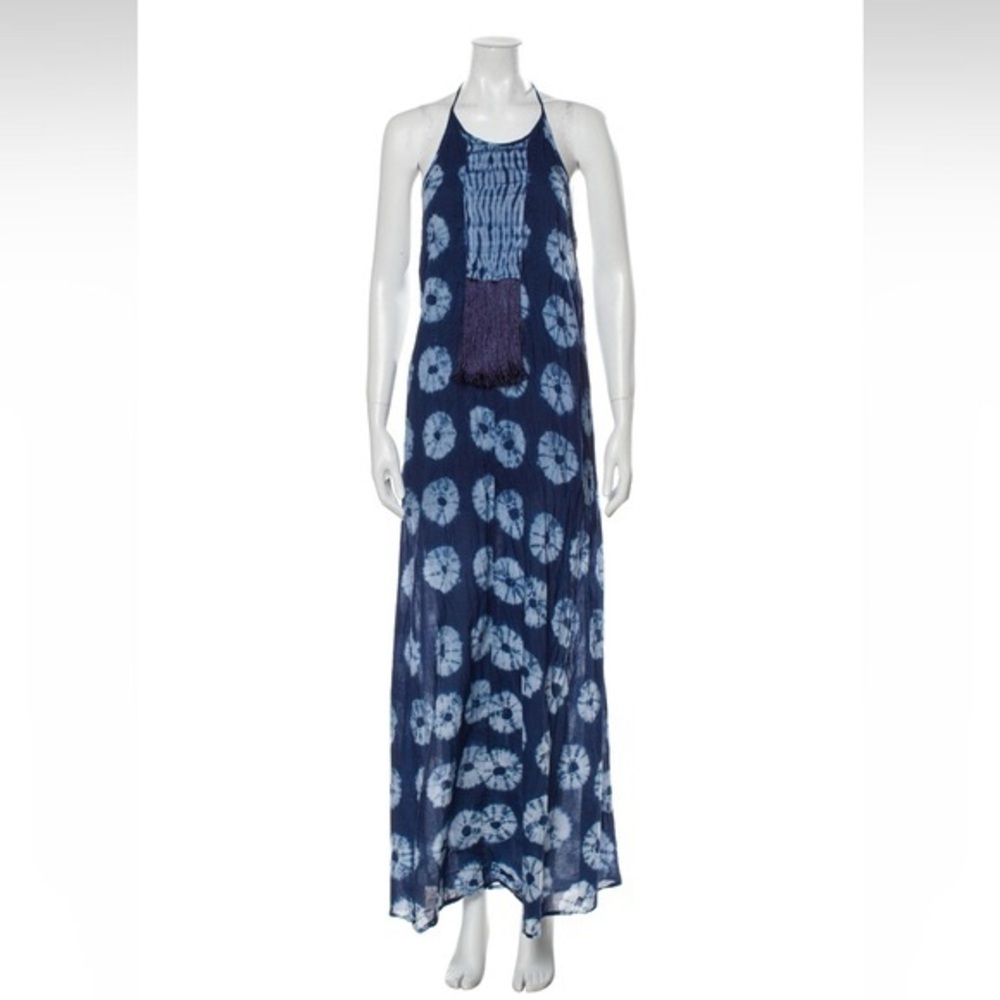 St. Roche Blue Batik Maxi Dress with Fringe, XS